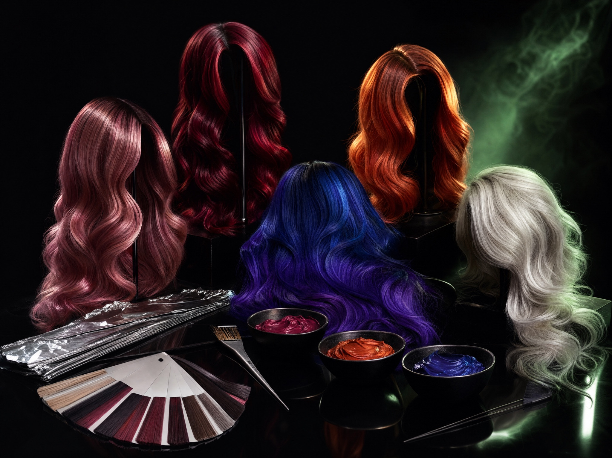 A curated arrangement of luxurious custom wigs in dimensional salon color — rose-gold, burgundy, copper, sapphire and platinum — with a colorist's tint bowls, brush and swatch fan.