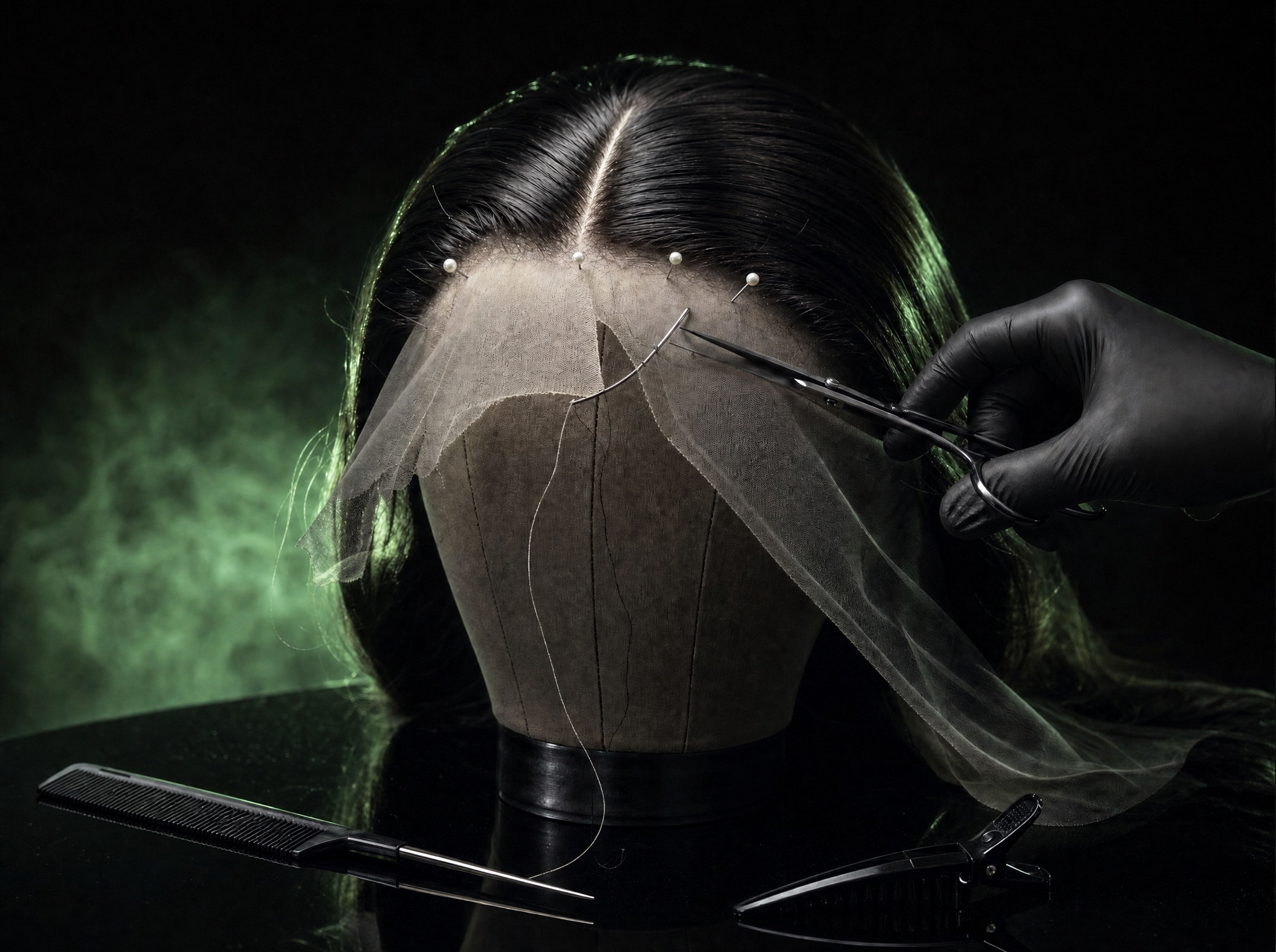 A custom lace-front wig on a canvas block head, its excess translucent lace being trimmed with scissors while pinned and threaded mid-construction.